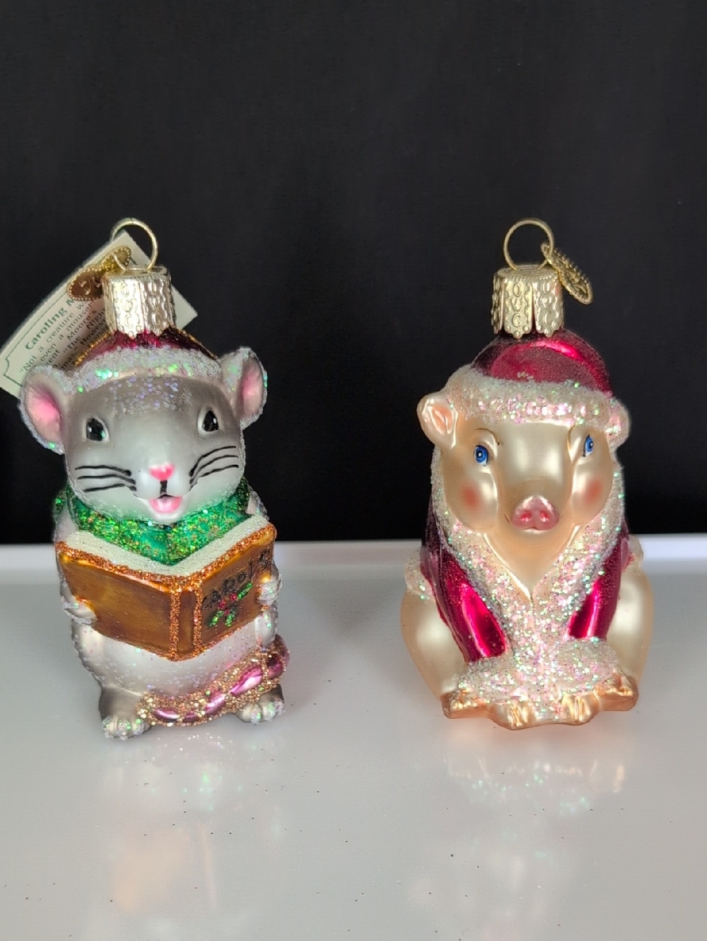 2 Old World Christmas Glass Ornaments - Mouse and Pig Set
